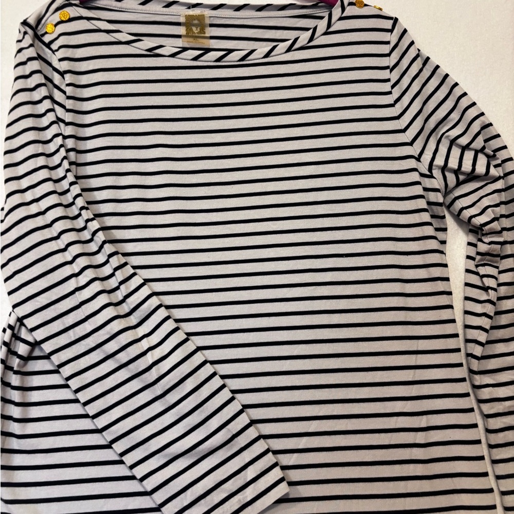 Anne Klein XL Navy White Striped Top Gold Button Shoulder Nautical - Picture 5 of 8